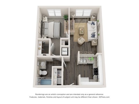 Floor plan for 1 bed, 1 bath, 665 sqft
